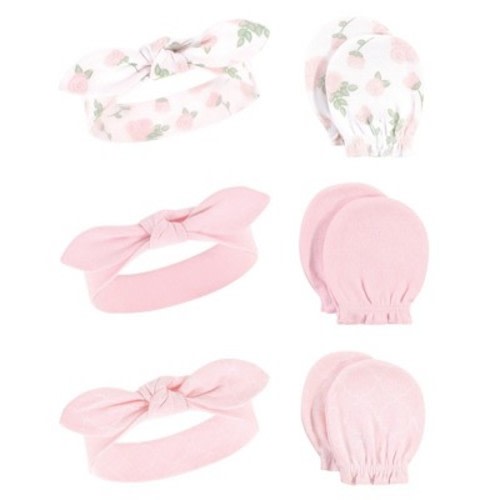 Hudson Baby Infant Girls Cotton Headband and Scratch Mitten 6pc Set, Roses, 0-6 Months
