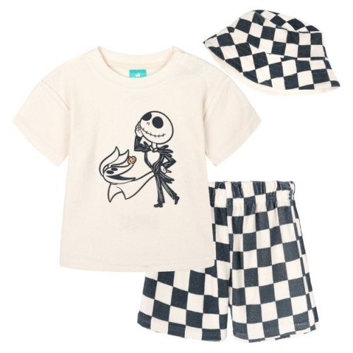 Disney Nightmare Before Christmas Baby Boys' Short Sleeve Graphic Tee and Allover Print Shorts Outfit with Sun Hat Jack Zero Cream 6-9 Months