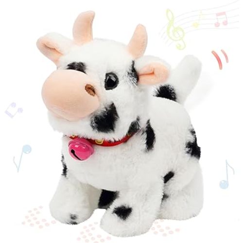 Hopearl Walking Cow Interactive Electronic Pet Plush Diary Cattle Toy with Sounds and Movements MOO Nodding Head Wag Tail Animated Gift for Toddlers Birthday, Black, 7''