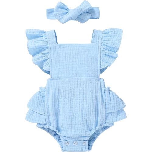 YOUNGER TREE Toddler Baby Girl Ruffled Sleeveless Romper Casual Summer Jumpsuit Cotton Linen Clothes