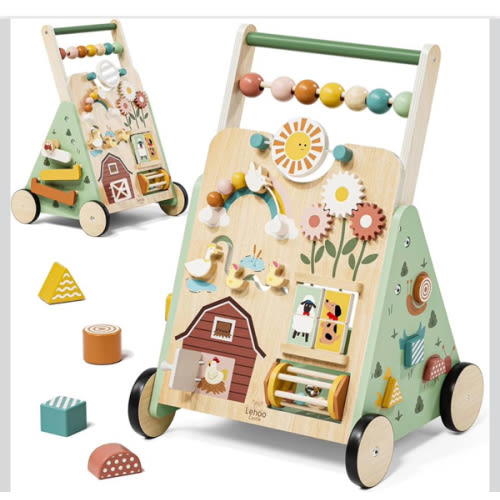 Lehoo Castle Wooden Baby Walker, Adjustable Speed Montessori Walker with Activity Center for Boys Girls, Baby Push Walker Toys for 1 Year Old Learning to Walk