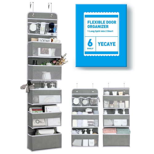 Yecaye Over-the-Door Hanging Organizer Gray 6-Shelf with Split Design and 8 Pockets