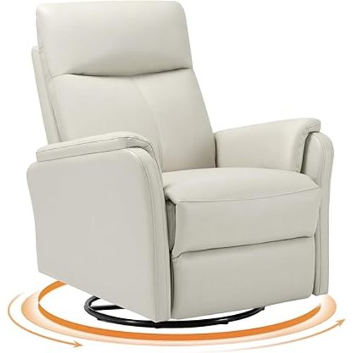 Swivel Rocking Recliner Glider Chair, Leather Reclining Rocker Chair with Footrest for Living Room, Nursery, Office, Bedroom, Ergonomic High Backrest, Wide Seat Cushion and Metal Base-Beige