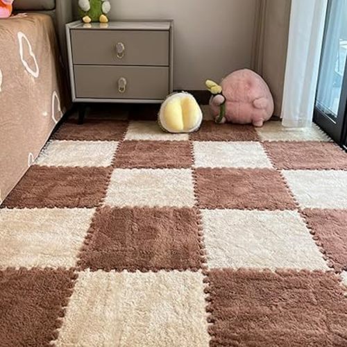 12Pcs Plush Foam Floor Mat,Plush Interlocking Carpet Tiles,Anti-Slip Square Puzzle Floor Mat,EVA Foam Area Rugs for Bedroom Playroom (Coffee + Beige)