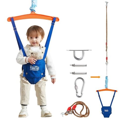 FUNLIO Baby Jumper with a Ceiling Hook for 6-24 Months, Baby Door Jumper for Indoor/Outdoor Play, Infant Jumper Doorway with Adjustable Chain, Easy to Assemble & Store (with a Ceiling Hook)