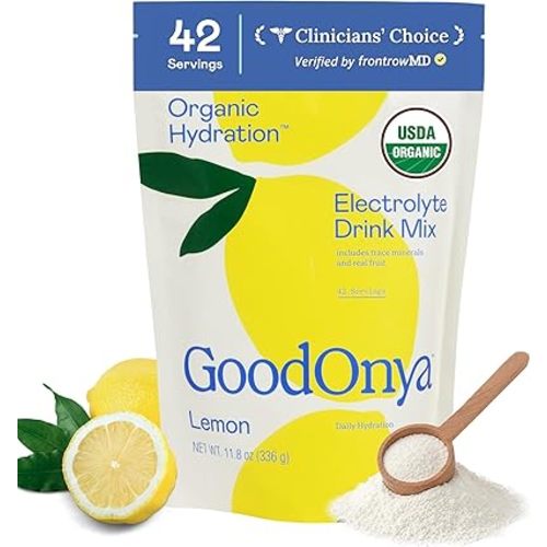 GoodOnya Organic Hydration Electrolyte Drink Mix, Certified Organic Hydration Powder, Non-GMO, Biochecked Glyphosate Free, Low Sugar, Lemonade Flavor, No Artificial Flavors, 42 Servings