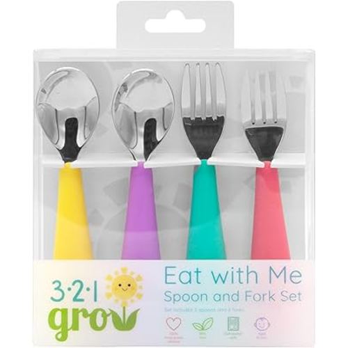 Eat with Me Spoon and Fork Set – Toddler Utensils with Easy-Grip Silicone Handles – Kid-Sized & Safe Stainless Silverware – Promotes Independent Eating – Dishwasher Safe (Watermelon)