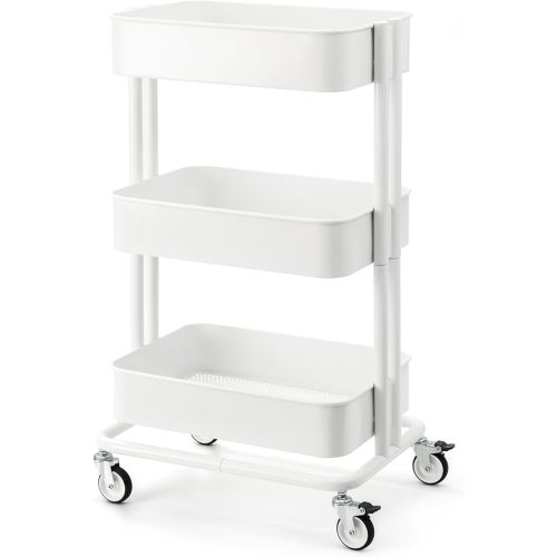 3 Tier Rolling Cart Metal Heavy Duty Utility Cart with Silent Caster Lockable Wheels Multi-Functional Organization Carts Storage Trolley with Mesh Shelves for Office Kitchen Living Room white