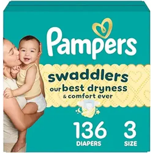 Pampers Swaddlers Diapers, Size 3 (13-26 lbs), 136 Count, Absorbent, Keeps Baby Dry and Comfortable, Skin Safe Disposable Baby Diaper (Packaging May Vary)