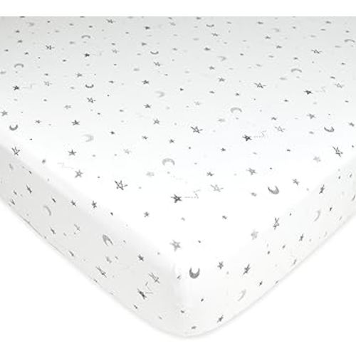 American Baby Company 100% Natural Cotton Fitted Crib Sheet 52" x 28" - Soft, Breathable, Hypoallergenic & Gentle Toddler Bed Sheet, Gray Stars and Moons, Neutral for Boys & Girls