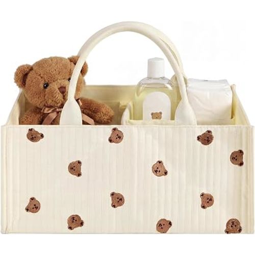 Shinylin Diaper Caddy Organizer with Cute Bear Portable Nursery Storage Basket with Handles and Removable Dividers Cute Storage Bin for Organizer Diaper Caddy Baby Wipes Baby Shower Gifts