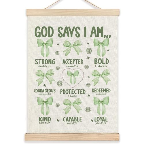 RYYCDOI Sage Green Bows Aesthetic Wall Room Decor, God Says I Am Bows Wall Decor, Coquette Wall Decor for Nursery Girls Room Bathroom Bedroom, 12x16 Inch