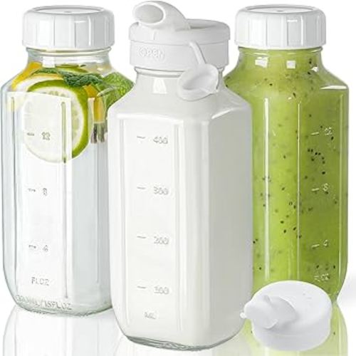 Syntic Glass Juice Bottles with Lids, 3 Pack Clear Glass Water Bottles w 2 Pour Spouts, 16 Oz Reusable Milk Jug w 100% Airtight Cap and Scale for Juicing Containers, Breast Milk Storage, Drinking Jar