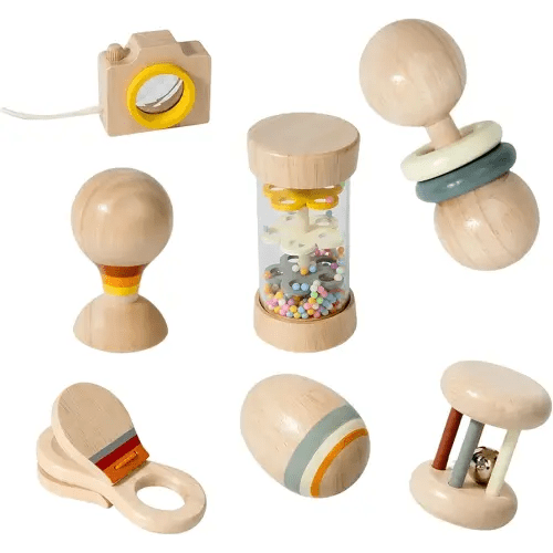 7 PCS Wooden Baby Toys Set - Organic Infant Rattles Newborns 0-6 Month & Montessori-Inspired Musical Instruments for 0-12 Month - Natural Toddler Developmental Toys