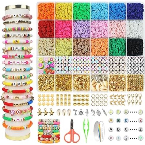 Hbnlai 5300 Pcs Clay Beads Bracelet Making Kit, Flat Preppy Beads for Friendship Jewelry Making, Polymer Heishi Bead with Charms Gifts for Teen Girls Crafts for Girls Ages 8-12