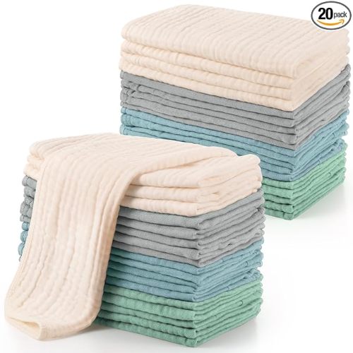 Buryeah Muslin 20 Pcs Burp Cloths Large 20" x 10" 100% Cotton 6 Layers Ultra Absorbent and Soft Hand Washcloths for Baby Drool and Messes Gentle Burp Cloth for Boys & Girls(Fresh Colors)