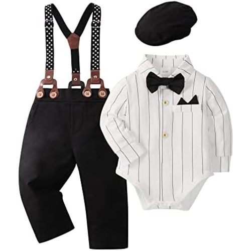 YALLET Baby Boy Clothes Set Infant Tuxedo Long Sleeve Gentleman Suit Outfits + Beret Hat + Suspender Pants + Bowtie 0-18M