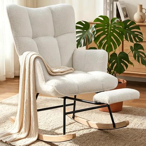 Nursing Rocking Chair, Teddy Fleece Upholstered Glider Rocker with Adjustable Footrest, High Back Rocking Recliner with Side Pocket, Cozy Accent Armchair for Living Room Bedroom (White)