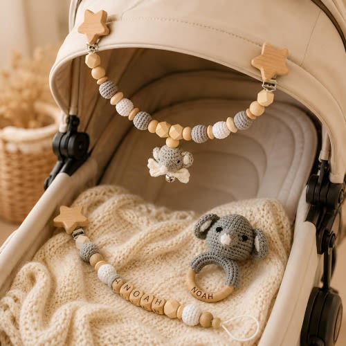 Personalized Baby Stroller Chain and Rattle Set Custom Name Crochet Animal Pram Garland Pacifier Clip Newborn Baby Shower Gift Set Keepsake