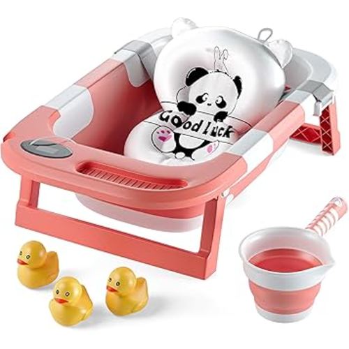 Collapsible Bathtub Baby for Infants & Newborns w/Thermometer, Drain Plug with Heat Sensor & Scoop – Compact Travel Baby Bath Space-Saving Bath for Travel, Shower & Small Bathrooms