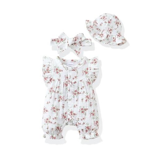 Renotemy Baby Girl Clothes Outfits Infant Summer Romper Cotton Linen Preemie Newborn Essentials Photography with Hat&Headband
