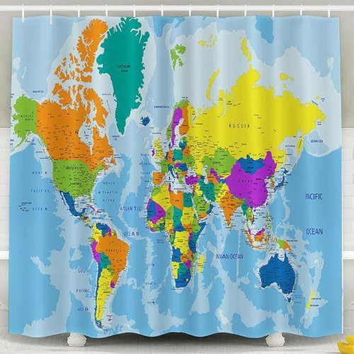 Bathroom Shower Curtain Colorful World Map Clearly Labeled Modern Microfiber Bath Curtains 36"W x 72"L