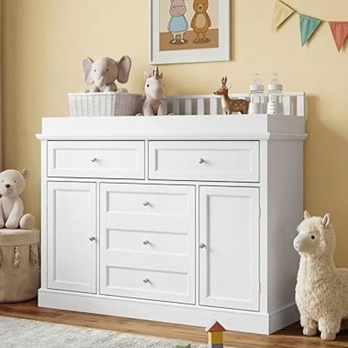 Baby Dresser with Changing Table Top, White Dresser with 5 Storage Drawers and 2 Doors for Nursery, Multifunctional Nursery Baby Changing Table Dressers, Diaper Station Cabinet for Kids Room