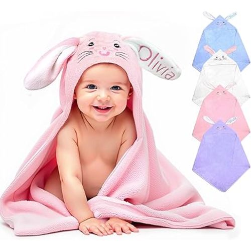 Baosity Custom Hooded Baby Towel with Name, Personalized Soft Absorbent Bunny Toddler Towel, Baby Bath Towel for Girls Boys, Christmas Brithday Gifts for Baby, Toddler, Newborn Essential