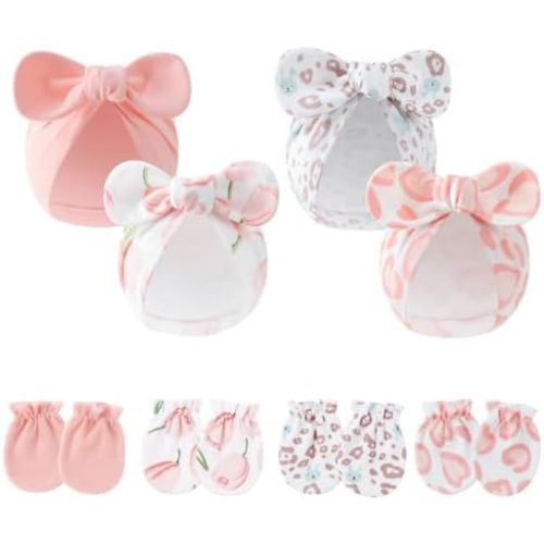 Newborn Baby Girl Cotton Bow Hats and Mittens 4 Sets, 0-12M