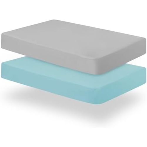 Biloban Crib Sheets Fitted, 2 Pack Crib Sheet Fits for Standard Crib Mattress, Neutral Toddler Bed Sheets for Baby Boys and Girl, Grey & Aqua, 52”X 28”