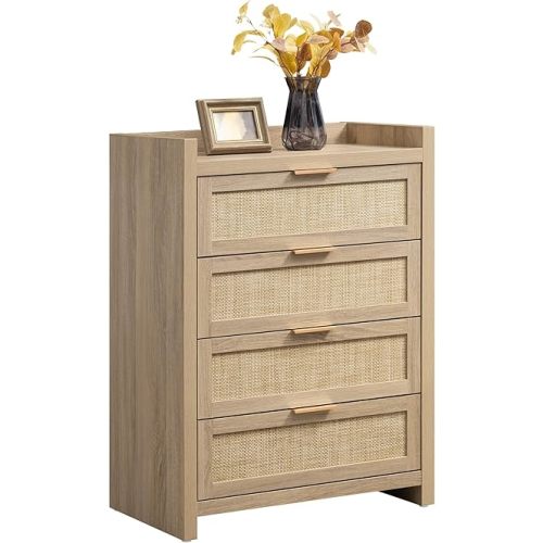 SICOTAS Dresser for Bedroom Chest of Drawers 38" Tall Dresser for Closet with 4 Rattan Drawers Boho Night Stand Large Clothes Storage Cabinet for Living Room Hallway Nursery Entryway