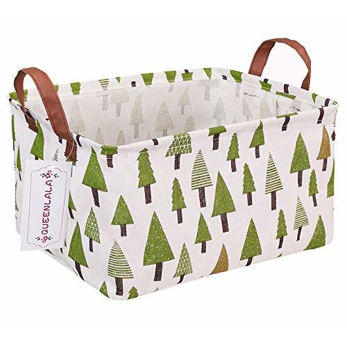 QUEENLALA Rectangular Laundry Hamper/Foldable Nursery Laundry Basket for Organizing/Storage Bin Baskets/Children Toy Office Bedroom/Toy Bin Closet Shelf Baskets（Rec-Green forest）