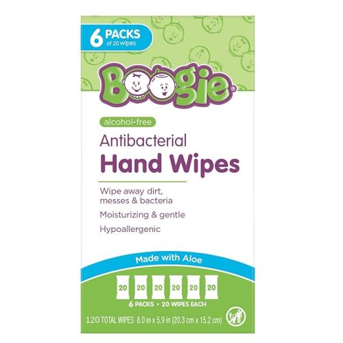 Boogie Antibacterial Hand Wipes - 120 Count - Hypoallergenic & Alcohol-Free - Travel and Diaper Bag Essential
