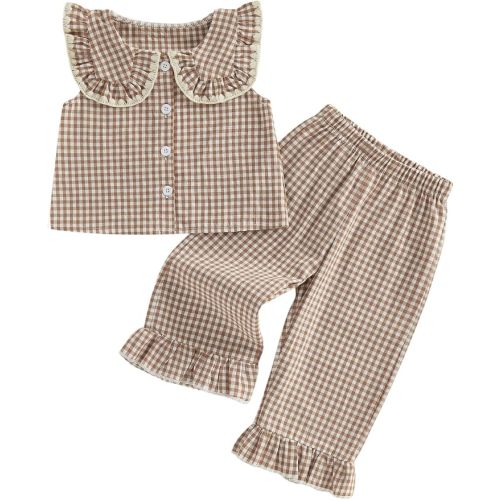 Toddler Baby Girls Summer Outfits Plaid Linen Ruffle Sleeveless Button Up Vest Tank Tops Elastic Waist Pants Set
