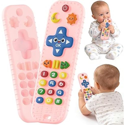 Baby Teething Toys Silicone Baby Remote Teether Over 3 Months - Baby Essentials Sensory Chew Toys - Baby Teether for Teething Relief - BPA Free Infant Toys Baby Shower Gifts (1, Pink)