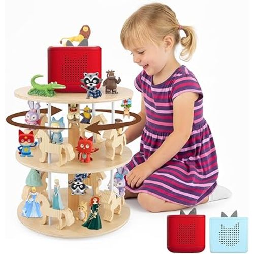 Carousel Shelf for Toniebox, 360°Rotating Wooden Organizer Compatible with Toniebox 2/1 Player & Holder for 120+ Tonies Figures, 3-Tier Display Stand with 50 Metal Plates for DIY Storage