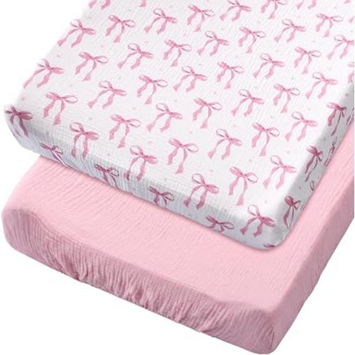Breling 2 Pcs Pink Bow Changing Pad Cover for Girl 32 x 16 inch Muslin Baby Change Table Pad Covers Fitted Coquette Ultra Soft Breathable Supplies for Girl Boy