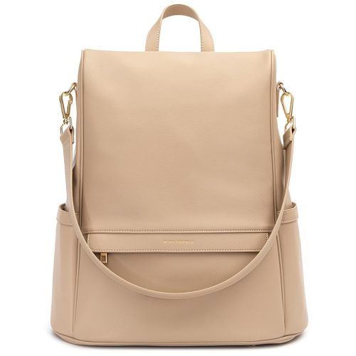 MIA + SOPHIA Leather Diaper Bag Backpack with USB Charging port, Changing Pad, Stroller Straps, and Bottle Holder (Beige Mia)