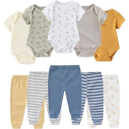 Ruliby Baby Bodysuit and Pant Set Summer Ribbed Mix Match Infant Boy Girl Clothes Outfits
