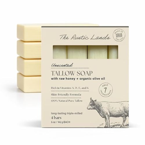 THE RUSTIC LANDS (UNSCENTED - Fragrance Free) Natural Tallow Soap Bars Set of 4 - Grass Fed Beef Tallow with Raw Honey & Olive Oil - USA Soap for Sensitive Skin, Moisturizing Bath & Body, 5oz Each