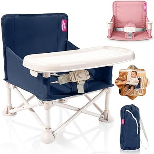 Portable Baby Chair, Baby Beach Chair with 2-Pack Interchangeable Seat Covers, Portable Booster Seat with Tray & Travel Bag, Compact Foldable, Easy-Swap Colors, Perfect for Travel