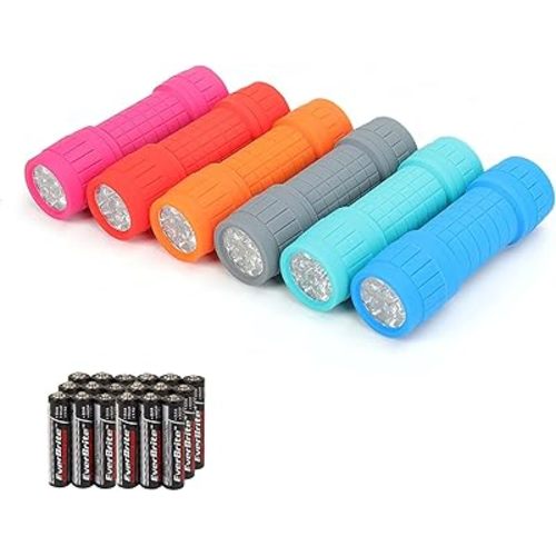 EverBrite 9-LED Flashlight 6-Pack Impact Handheld Torch Assorted Colors with Lanyard 3AAA Battery Included (Hurricane Supplies, Camping, Hiking, Emergency, Hunting)