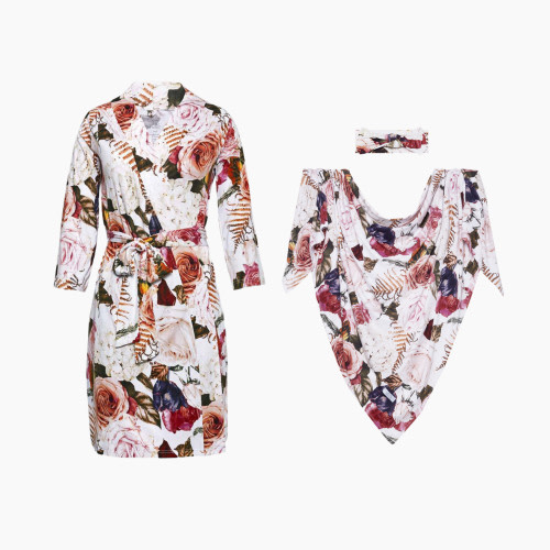Posh Peanut Mommy Robe and Swaddle Gift Set - Black Rose, Medium