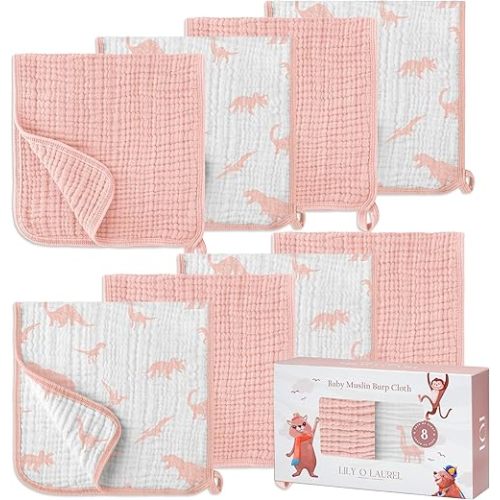 Muslin Burp Cloths, 20"x10"- Pack of 8, 6 Layers Super Soft Absorbent & Breathable 100% Cotton for Baby Drool and Messes, Burp Cloth Baby Boy and Burp Cloths Baby Girl