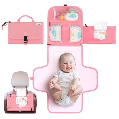 Kopi Baby Portable Diaper Changing Pad - Baby Diaper Changer Travel Bag with Wipes Pocket, Smart Design Portable Changing Mat, Infant Travel Station Kit, Gift for Newborn Girl & Boy - Pink, Premium