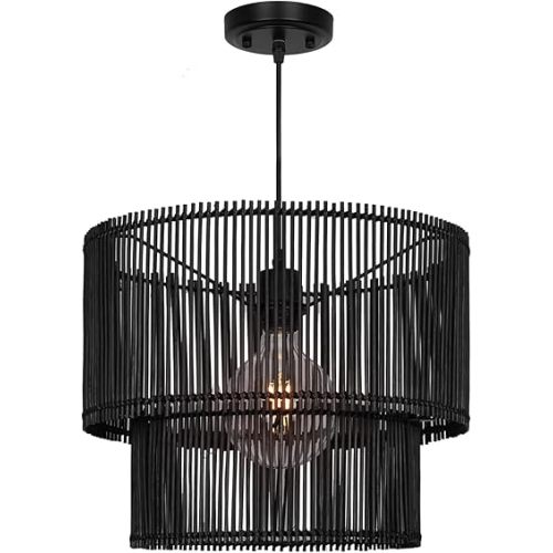 Rosient Woven Rattan Pendant Lamp, 16 Inch Large Natural Simple Hand Weaved Coastal Beach Black Rope Hanging Pendant Light Fixture for Dining Room Living Room Bedroom Kitchen Foyer