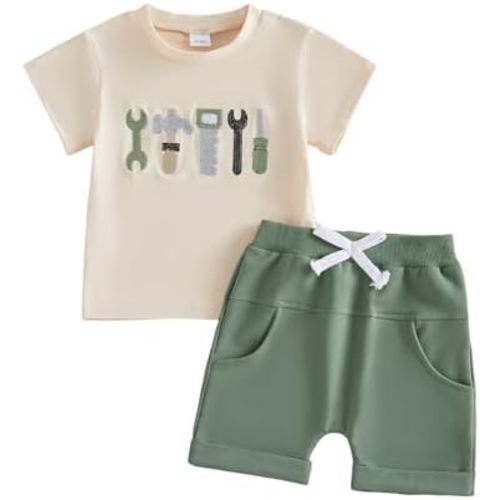FOCUSNORM Toddler Baby Boy Summer Clothes Excavator Embroidery Short Sleeve T-Shirt Elastic Waist Shorts Set 2 Piece Outfit