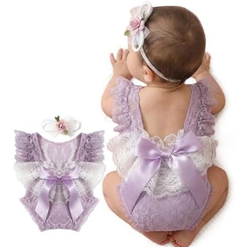 ForBaysy Infant Newborn Photography Props Girl Outfit Lace Romper with Cute Flower Headband Newborn Dress Posing Props