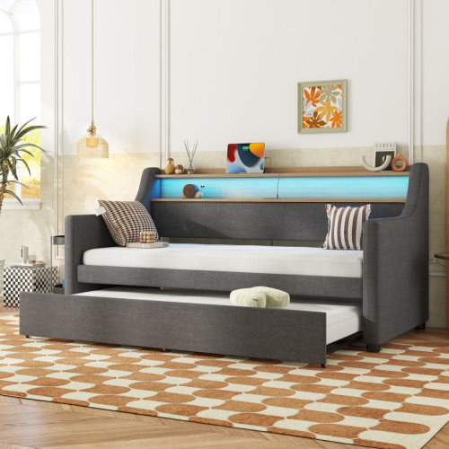Honorine Axis Twin Size Upholstered Daybed with Trundle, LED Lights & USB | Wayfair