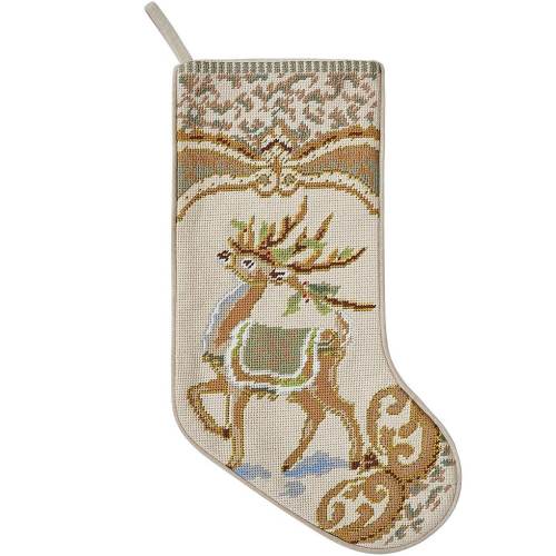 Peking Handicraft Reindeer Embroidered Needlepoint Holiday Stocking